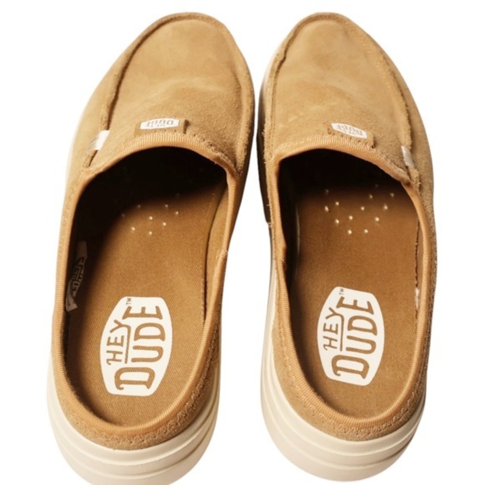 HEY DUDE Austin Lift Classic Tan Suede Platform Mule Slip On Clogs Size 7 - Picture 10 of 13
